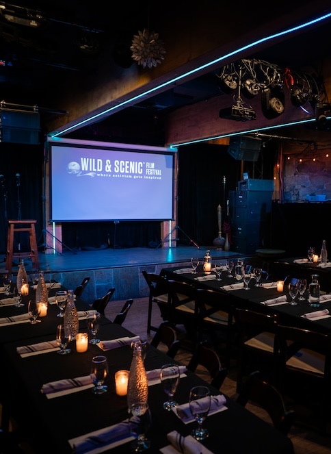 Showroom movie setup for a private event at Stone House Nevada City
