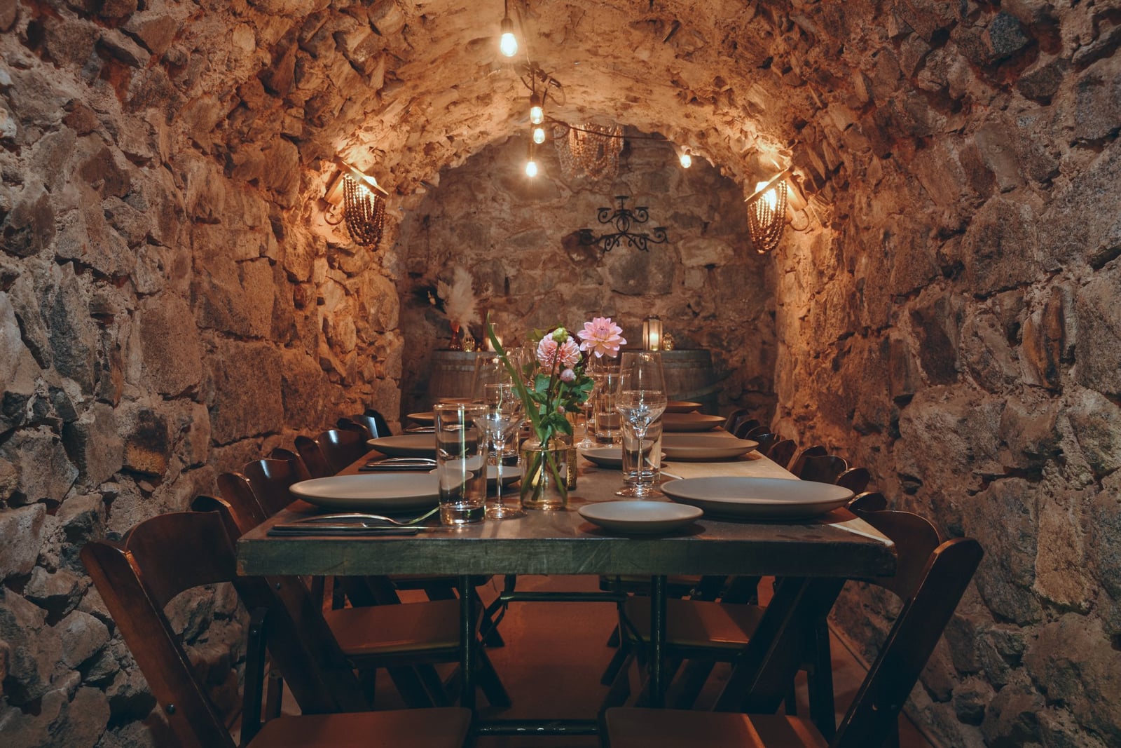 Bar service in The Cavern at Stone House Nevada City — historic underground stone-walled event space
