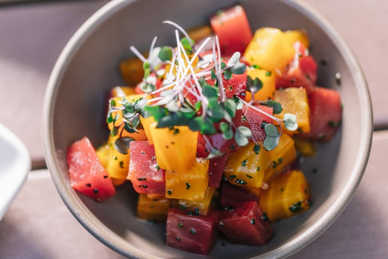 Heirloom beet salad with microgreens — Stone House Nevada City private event plating