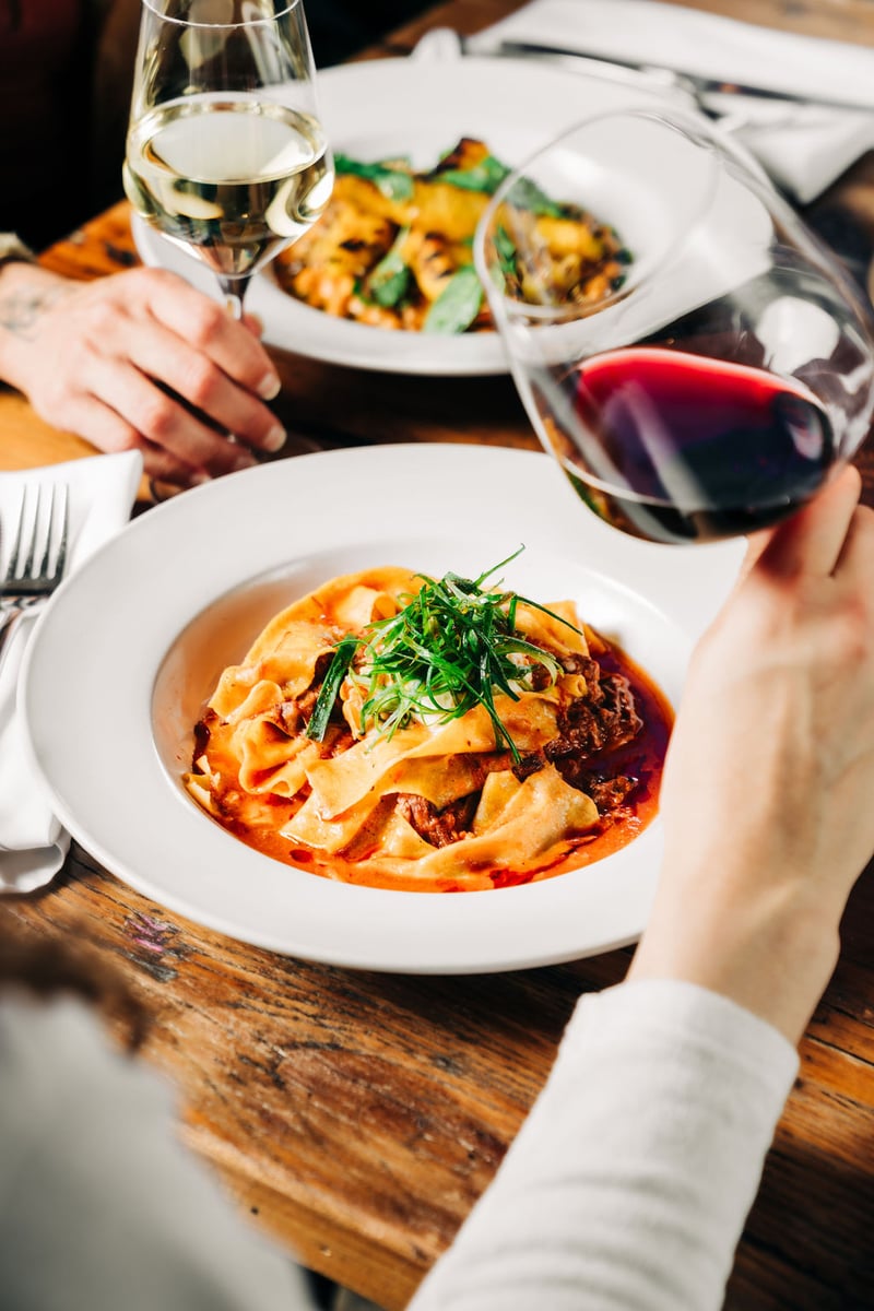 House-made pappardelle with seasonal ragu plated for a private event at Stone House Nevada City — chef-curated in-house catering